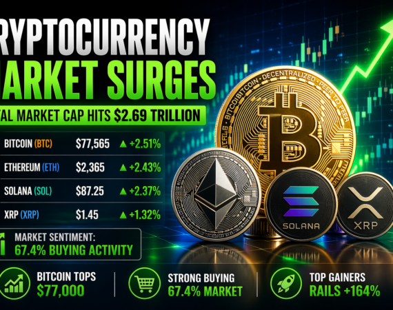 Cryptocurrency Market Jumps 1.97% as Bitcoin Crosses $77K Level