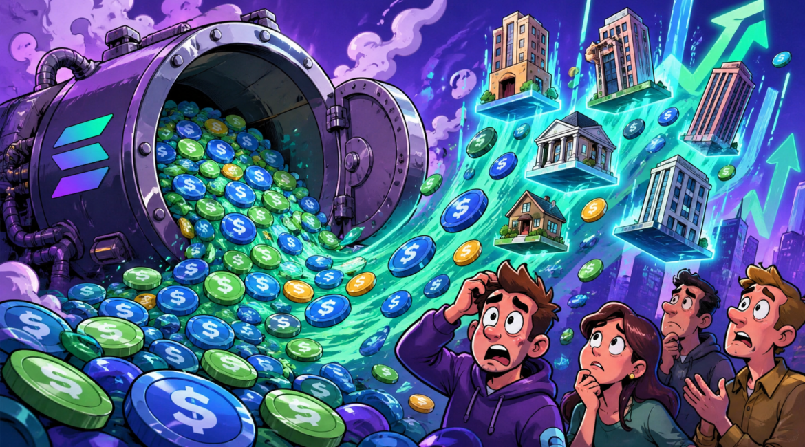 Cartoon DeFi vault on Solana overflowing with stablecoins labeled 17.4B, tokenized assets flowing upward into digital towers while confused investors watch style satirical cartoon, no text --ar 16:9