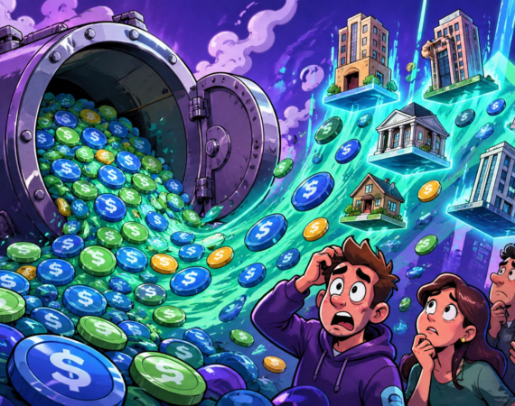Cartoon DeFi vault on Solana overflowing with stablecoins labeled 17.4B, tokenized assets flowing upward into digital towers while confused investors watch style satirical cartoon, no text --ar 16:9